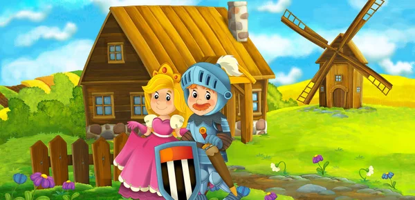 农场旅行中王子和公主的卡通片 儿童图解 — 图库照片