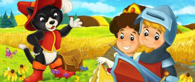 Prens ve prensesin çiftlikte olduğu çizgi film sahnesi gezgin kedi ile tanışma - çocuklar için illüstrasyon