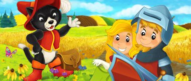 Prens ve prensesin çiftlikte olduğu çizgi film sahnesi gezgin kedi ile tanışma - çocuklar için illüstrasyon