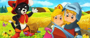 Prens ve prensesin çiftlikte olduğu çizgi film sahnesi gezgin kedi ile tanışma - çocuklar için illüstrasyon