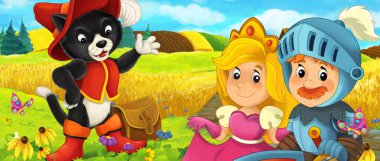 Prens ve prensesin çiftlikte olduğu çizgi film sahnesi gezgin kedi ile tanışma - çocuklar için illüstrasyon