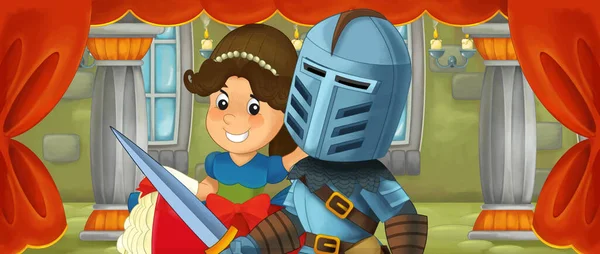 Cartoon King Knight Queen Beautiful Castle Room Illustration Children — Stock Photo, Image