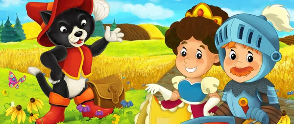 农场农场里与王子和公主相遇的卡通片 儿童图解 — 图库照片