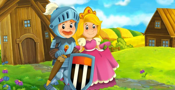 cartoon scene with prince and princess on the farm ranch traveling - illustration for children