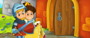 Karikatür kralı şövalye ve kraliçe kale girişinin yanında - çocuklar için resim