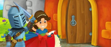 Karikatür kralı şövalye ve kraliçe kale girişinin yanında - çocuklar için resim