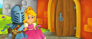 Karikatür kralı şövalye ve kraliçe kale girişinin yanında - çocuklar için resim