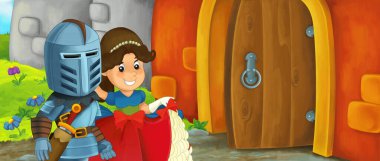 Karikatür kralı şövalye ve kraliçe kale girişinin yanında - çocuklar için resim