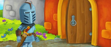 Karikatür kralı şövalye ve kraliçe kale girişinin yanında - çocuklar için resim