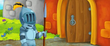 Karikatür kralı şövalye ve kraliçe kale girişinin yanında - çocuklar için resim