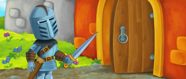 Karikatür kralı şövalye ve kraliçe kale girişinin yanında - çocuklar için resim