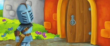 Karikatür kralı şövalye ve kraliçe kale girişinin yanında - çocuklar için resim