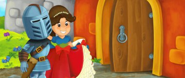 Karikatür kralı şövalye ve kraliçe kale girişinin yanında - çocuklar için resim