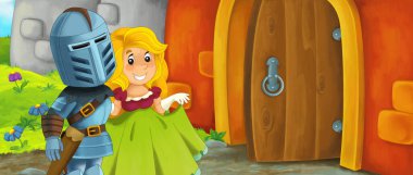 Karikatür kralı şövalye ve kraliçe kale girişinin yanında - çocuklar için resim