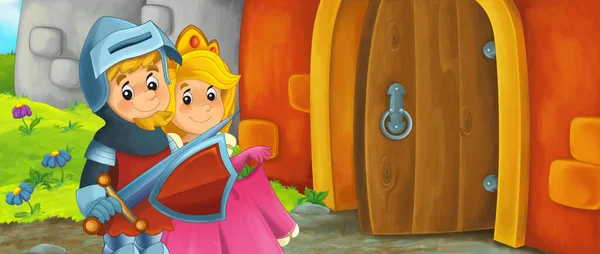 Cartoon King Knight Queen Castle Entrance Illustration Children — Stock Photo, Image