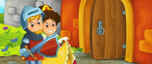 Cartoon King Knight Queen Castle Entrance Illustration Children — Stock Photo, Image