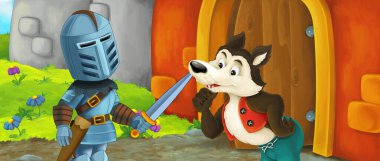 Karikatür kralı şövalye ve kraliçe kurtla kale girişinin yanında - çocuklar için resim