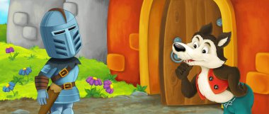 Karikatür kralı şövalye ve kraliçe kurtla kale girişinin yanında - çocuklar için resim
