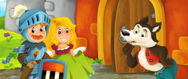 Karikatür kralı şövalye ve kraliçe kurtla kale girişinin yanında - çocuklar için resim