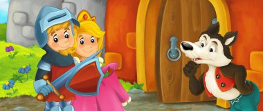 Karikatür kralı şövalye ve kraliçe kurtla kale girişinin yanında - çocuklar için resim