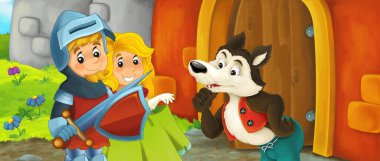 Karikatür kralı şövalye ve kraliçe kurtla kale girişinin yanında - çocuklar için resim