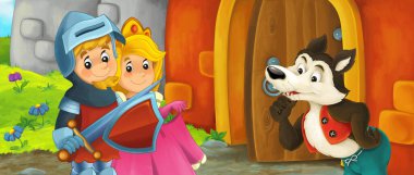 Karikatür kralı şövalye ve kraliçe kurtla kale girişinin yanında - çocuklar için resim