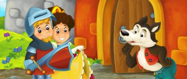 Karikatür kralı şövalye ve kraliçe kurtla kale girişinin yanında - çocuklar için resim