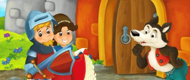 Karikatür kralı şövalye ve kraliçe kurtla kale girişinin yanında - çocuklar için resim