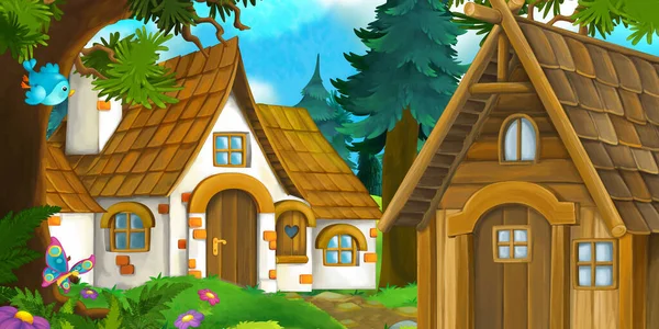 Cartoon Scene Beautiful Rural House Forest Meadow Illustration Children — Stock Photo, Image