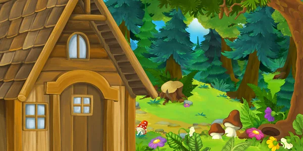 Rajzfilm Jelenet Gyönyörű Vidéki Ház Erdőben Réten Illusztráció Gyerekeknek — Stock Fotó