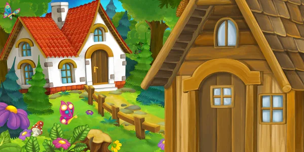 Cartoon Scene Met Prachtig Landelijk Huis Het Bos Het Weitje — Stockfoto