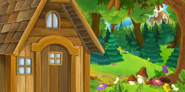 Cartoon Scene Beautiful Rural House Forest Meadow Illustration Children — Stock Photo, Image