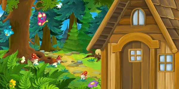 牧草地の上の森の中の美しい農村の家と漫画のシーン 子供のためのイラスト — ストック写真