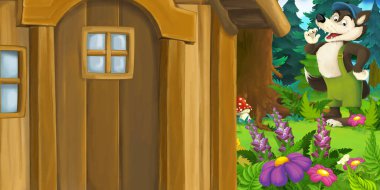 Çizgi film sahnesi, çayırdaki ormanda güzel bir kır evi. Çocuklar için bir illüstrasyon.