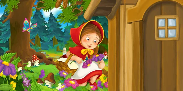 Tecknad Scen Med Ung Flicka Skogen Illustration För Barn — Stockfoto