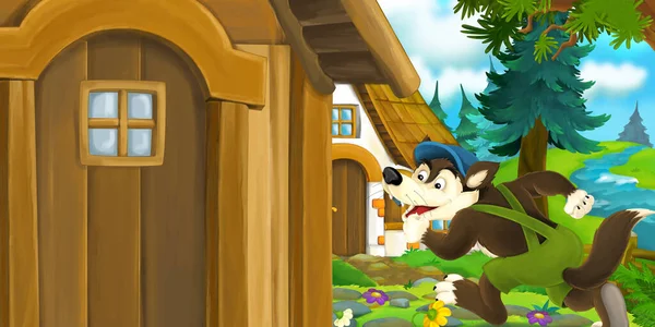 Kreslená Scéna Vlkem Lese Blízkosti Krásné Dřevěné Farmy Dům Ilustrace — Stock fotografie