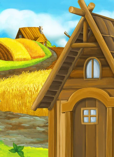 Kreskówka Wiejski Dom Gospodarstwie Rolnym Łące Ilustracja Dla Dzieci — Zdjęcie stockowe