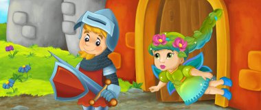 Çizgi film kralı şövalye ve peri kraliçesi kale girişinin yanında - çocuklar için resim