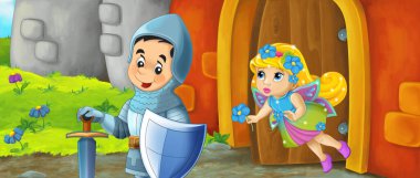 Çizgi film kralı şövalye ve peri kraliçesi kale girişinin yanında - çocuklar için resim