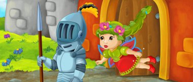 Çizgi film kralı şövalye ve peri kraliçesi kale girişinin yanında - çocuklar için resim