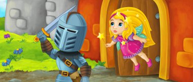 Çizgi film kralı şövalye ve peri kraliçesi kale girişinin yanında - çocuklar için resim