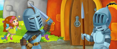 Çizgi film kralı şövalye ve peri kraliçesi kale girişinin yanında - çocuklar için resim