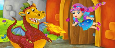 Çizgi film kraliçesi ve ejderhası kale girişinin yanında - çocuklar için resim