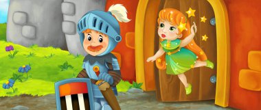 Çizgi film kralı şövalye ve peri kraliçesi kale girişinin yanında - çocuklar için resim