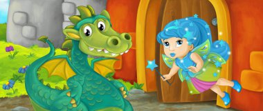 Çizgi film kraliçesi ve ejderhası kale girişinin yanında - çocuklar için resim