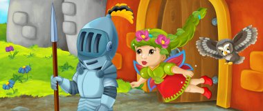 Çizgi film kralı şövalye ve peri kraliçesi kale girişinin yanında - çocuklar için resim