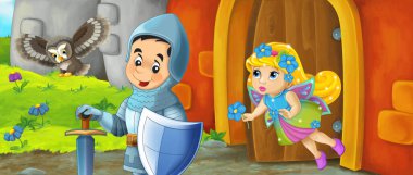 Çizgi film kralı şövalye ve peri kraliçesi kale girişinin yanında - çocuklar için resim