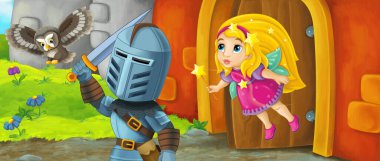 Çizgi film kralı şövalye ve peri kraliçesi kale girişinin yanında - çocuklar için resim