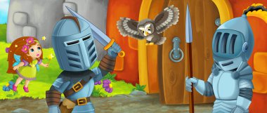 Çizgi film kralı şövalye ve peri kraliçesi kale girişinin yanında - çocuklar için resim