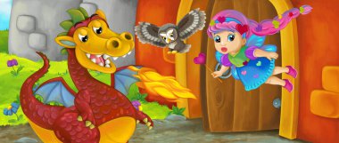 Çizgi film kraliçesi ve ejderhası kale girişinin yanında - çocuklar için resim